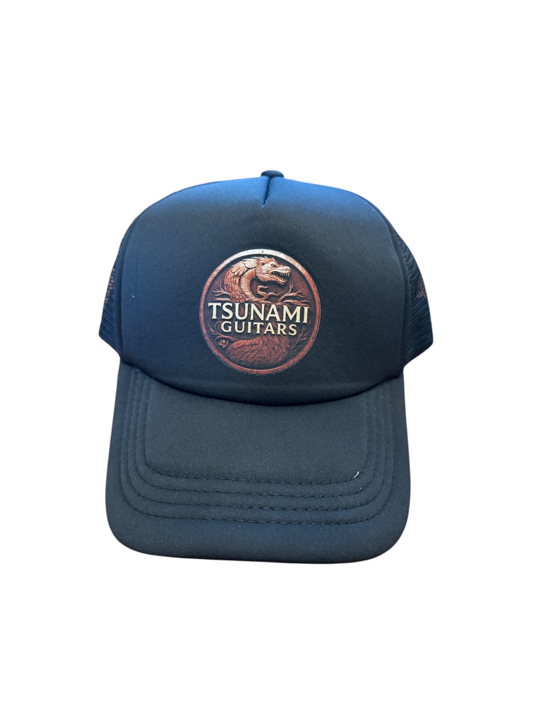 Tsunami Guitars puffer trucker hat with dragon medallion logo