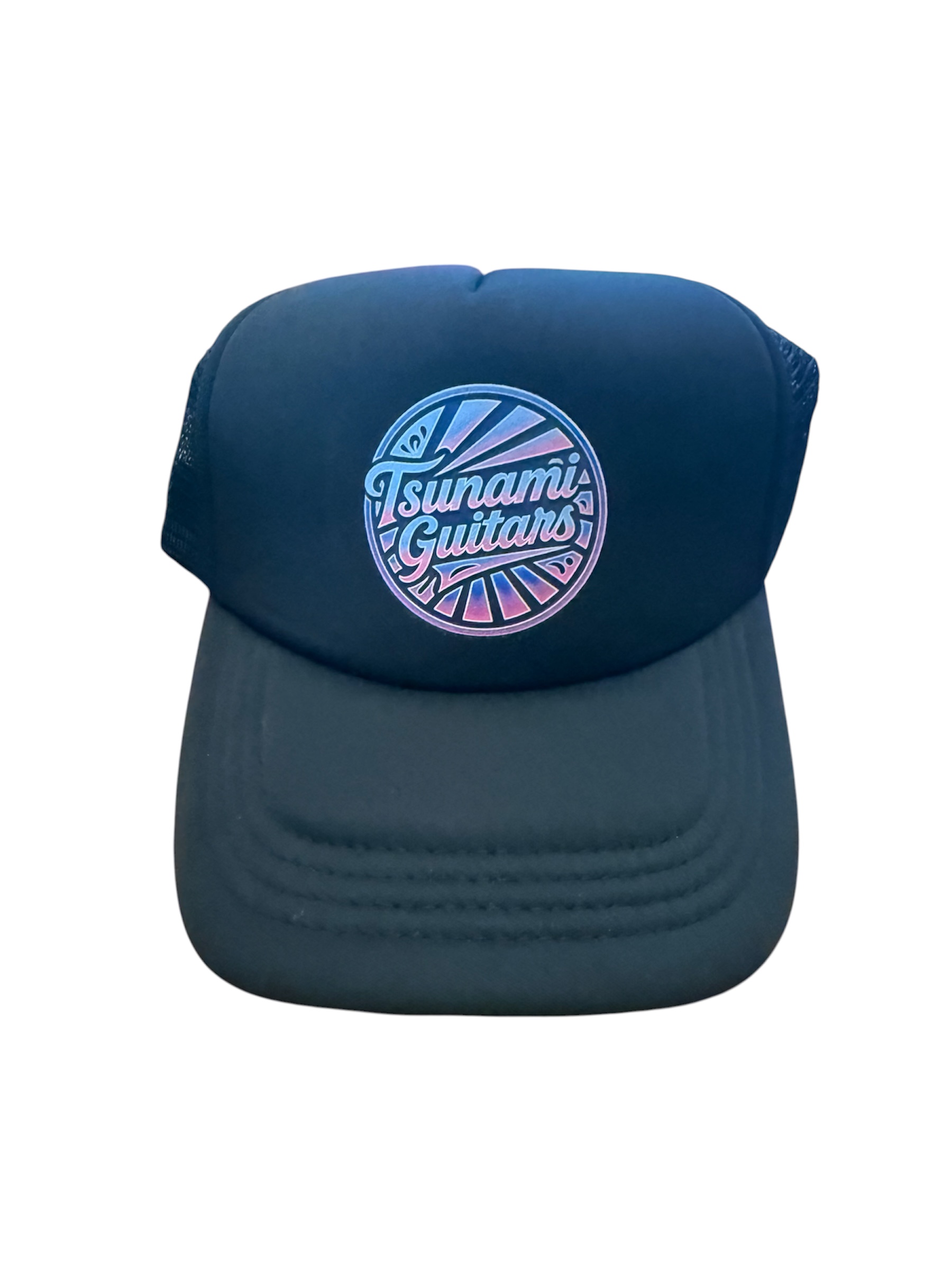 Tsunami Guitars puffer trucker hat with gradient rising sun logo
